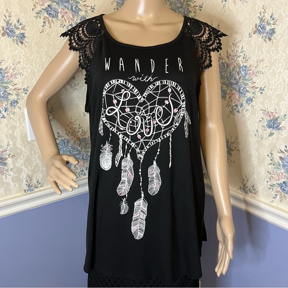 Jerry Leigh Juniors Wander With Love Black Top Lace Short Sleeve Top, Size XL
